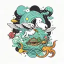 Psychedelic visuals art or dilated pupil Snoopy flying  Oceans Mtjoy background album Bahamas reef or house or lobster i tattoo design idea