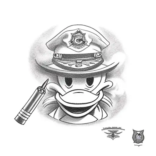donald duck wearing a Coast Guard Cover smoking a cigar with bloodshot eyes tattoo design idea
