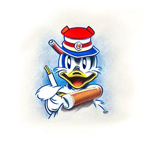 donald duck wearing a Coast Guard Cover smoking a cigar with bloodshot eyes tattoo design idea