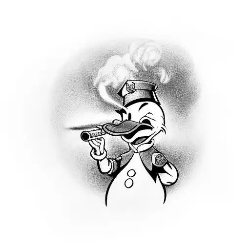 donald duck wearing a Coast Guard Cover smoking a cigar with bloodshot eyes tattoo design idea