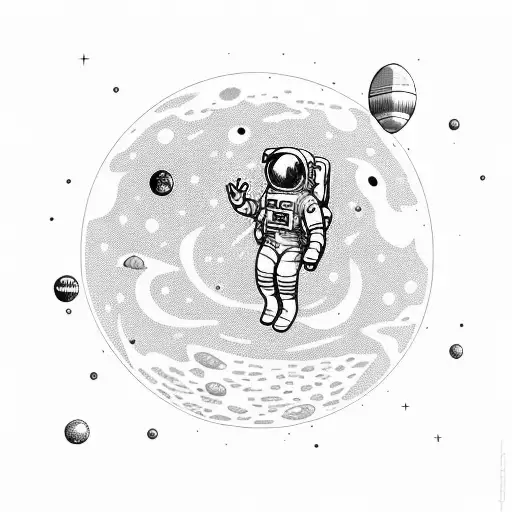 An astronaut exploring a mysterious planet filled with floating red balloons tattoo design idea