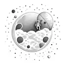 An astronaut exploring a mysterious planet filled with floating red balloons tattoo design idea