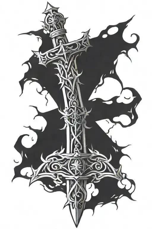 sword making horizontal part of Christian cross, thorns making the small side wrapping around forearm making crown  tattoo design idea