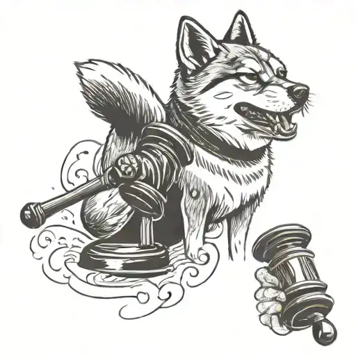 A Shiba Inu with a gavel in its mouth, symbolizing your love for your dog and your occupation as a lawyer tattoo design idea
