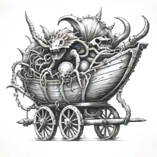 POSIEDON WITH RAISED TRIDENT, IN A SPIKED SEASHELL WAGON Pulled by two spiked crabs in rough seas tattoo design idea
