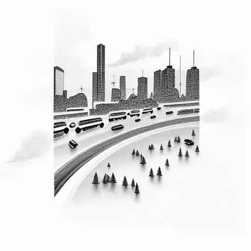 skyline with thunderstorm and cars and a train in the forground tattoo design idea