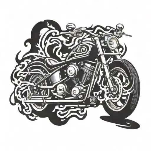 A chopper motorcycle with intricate blackwork detailing, surrounded by swirling smoke and flames, incorporating elements of metal music imagery tattoo design idea