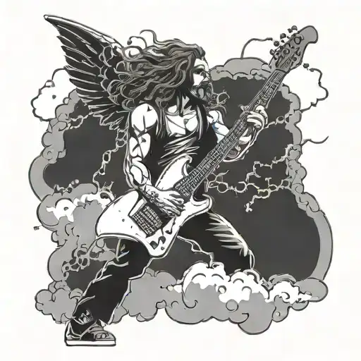 A death angel playing an electric guitar on a stage made of clouds, with lightning bolts and thunder in the background, in a dotwork style tattoo design idea