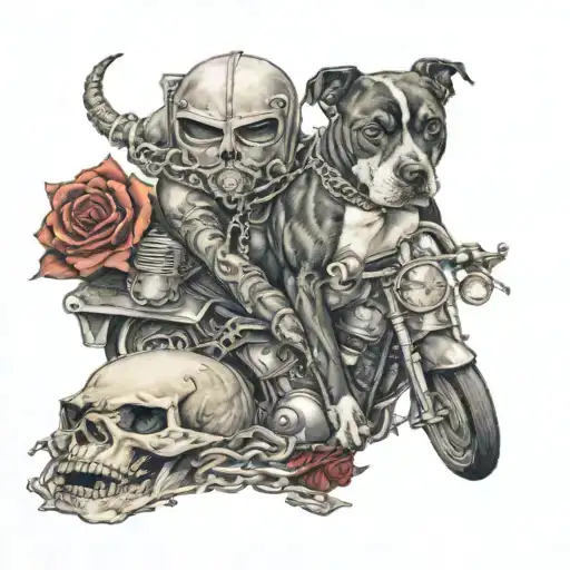 A skull wearing a helmet adorned with roses and chains, riding a Harley Davidson through a moonlit sky, with a pitbull dog running alongside tattoo design idea