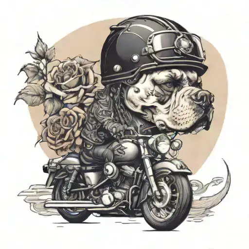 A skull wearing a helmet adorned with roses and chains, riding a Harley Davidson through a moonlit sky, with a pitbull dog running alongside tattoo design idea