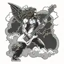 A death angel playing an electric guitar on a stage made of clouds, with lightning bolts and thunder in the background, in a dotwork style tattoo design idea