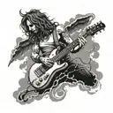 A death angel playing an electric guitar on a stage made of clouds, with lightning bolts and thunder in the background, in a dotwork style tattoo design idea