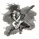 A death angel playing an electric guitar on a stage made of clouds, with lightning bolts and thunder in the background, in a dotwork style tattoo design idea