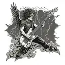 A death angel playing an electric guitar on a stage made of clouds, with lightning bolts and thunder in the background, in a dotwork style tattoo design idea
