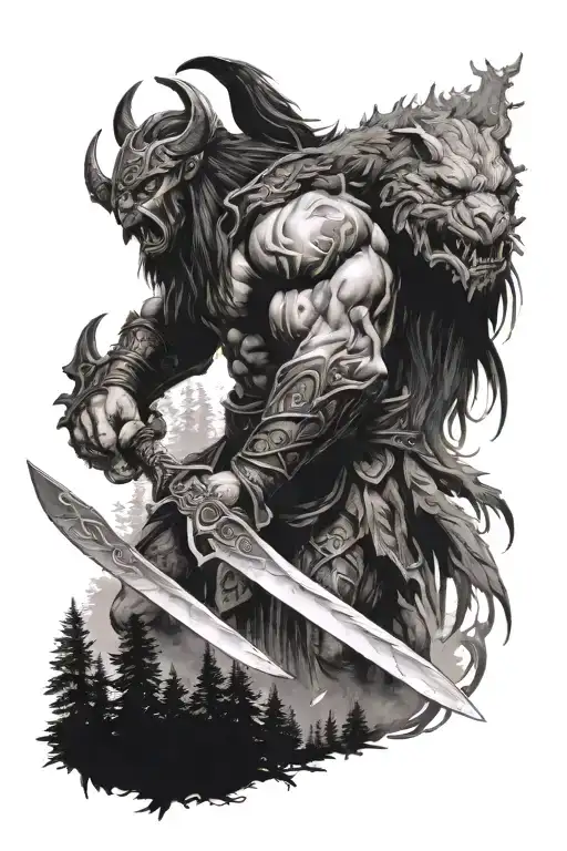 berserker with a sword in front of the forest tattoo design idea