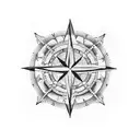 A blackwork tattoo featuring a compass rose intertwined with coffee beans, symbolizing the pilot's love for navigation and the fuel that keeps them going. tattoo design idea