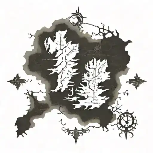 Middle Earth map mixed with The map of the Seven Kingdoms in Game of Thrones, and Aragorn's sword crossed with Long Claw tattoo design idea