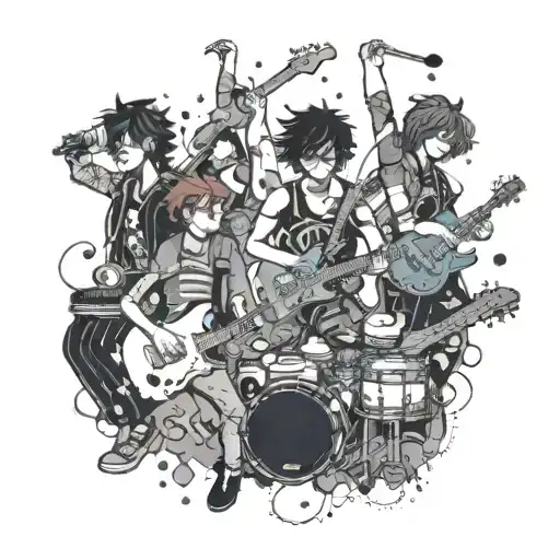 An intricate dotwork piece featuring a fusion of anime and comic book characters jamming together in a rock band, with a chemist mixing music notes in the foreground tattoo design idea