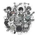 An intricate dotwork piece featuring a fusion of anime and comic book characters jamming together in a rock band, with a chemist mixing music notes in the foreground tattoo design idea