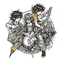 An intricate dotwork piece featuring a fusion of anime and comic book characters jamming together in a rock band, with a chemist mixing music notes in the foreground tattoo design idea