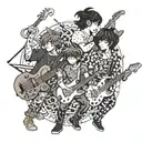 An intricate dotwork piece featuring a fusion of anime and comic book characters jamming together in a rock band, with a chemist mixing music notes in the foreground tattoo design idea