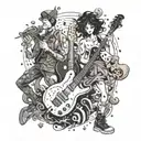 An intricate dotwork piece featuring a fusion of anime and comic book characters jamming together in a rock band, with a chemist mixing music notes in the foreground tattoo design idea