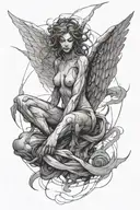 fallen angel in space thin line black and white abstract tattoo design idea