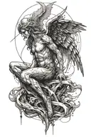 fallen angel in space thin line black and white abstract tattoo design idea