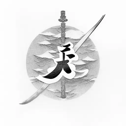 Japanese kanji characters representing 'strength' and 'cleanliness' intertwined with samurai swords tattoo design idea