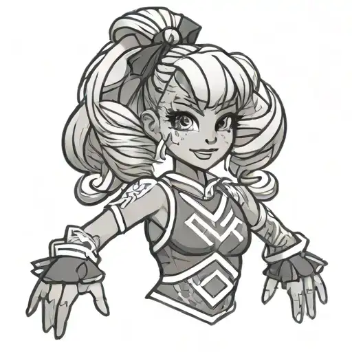 An intricate tattoo combining elements of cheerleading and Roblox, such as a cheerleader avatar in a virtual world tattoo design idea