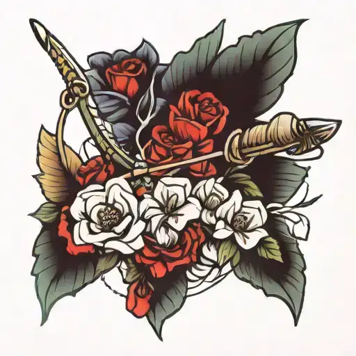 bow and arrow with flowers tattoo design idea