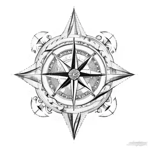 A compass rose with nautical elements like waves and seashells tattoo design idea