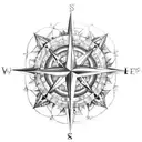 A compass rose with nautical elements like waves and seashells tattoo design idea