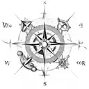 A compass rose with nautical elements like waves and seashells tattoo design idea