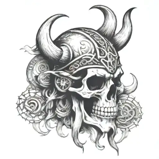 viking skull face tattoo featuring iconic symbols intertwined tattoo design idea