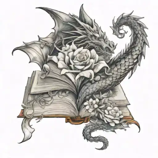 dragon flowers books forming the shape tattoo design idea