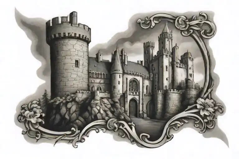 medieval castle on forearm tattoo design idea