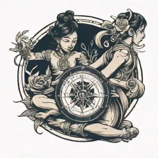 a girl in a meditation pose and a boy spinning a wheel tattoo design idea