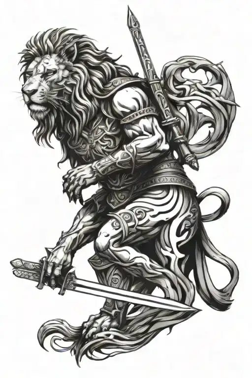 lion with cross and a warrior wielding a sword tattoo design idea
