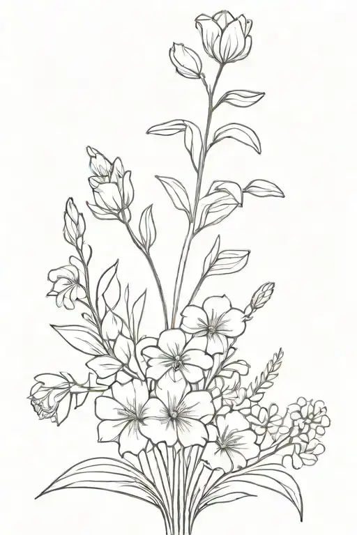 Minimalistic long stemmed flower bouquet with lilacs, tulips, irises, geraniums, and begonias  tattoo design idea