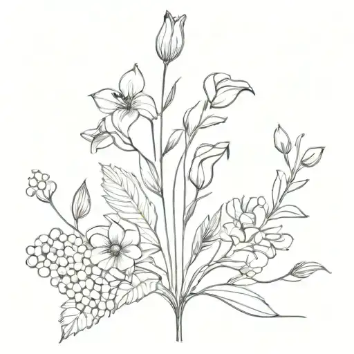 Minimalistic long stemmed flower bouquet with lilacs, tulips, irises, geraniums, and begonias  tattoo design idea