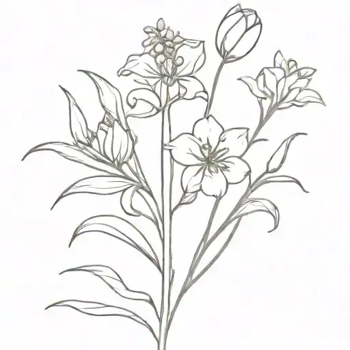 Minimalistic long stemmed flower bouquet with lilacs, tulips, irises, geraniums, and begonias  tattoo design idea