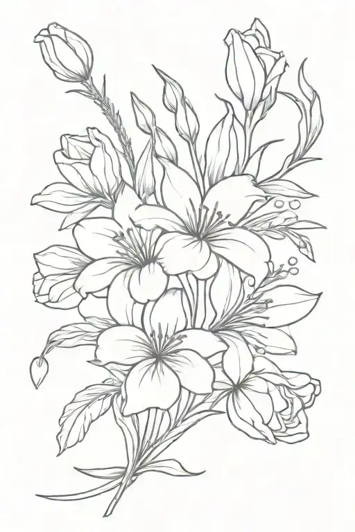 Minimalistic long stemmed flower bouquet with lilacs, tulips, irises, geraniums, and begonias  tattoo design idea