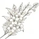 Minimalistic long stemmed flower bouquet with lilacs, tulips, irises, geraniums, and begonias  tattoo design idea