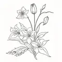 Minimalistic long stemmed flower bouquet with lilacs, tulips, irises, geraniums, and begonias  tattoo design idea