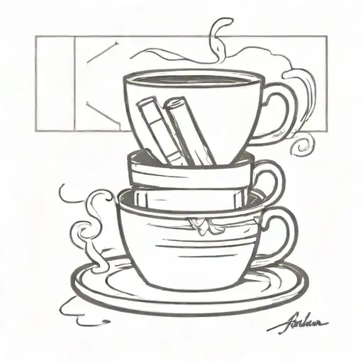 A minimalist tattoo of a coffee cup overflowing with books, symbolizing the love for reading and being a barista tattoo design idea