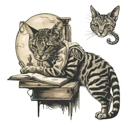 A student studying under the watchful eyes of a wise cat tattoo design idea