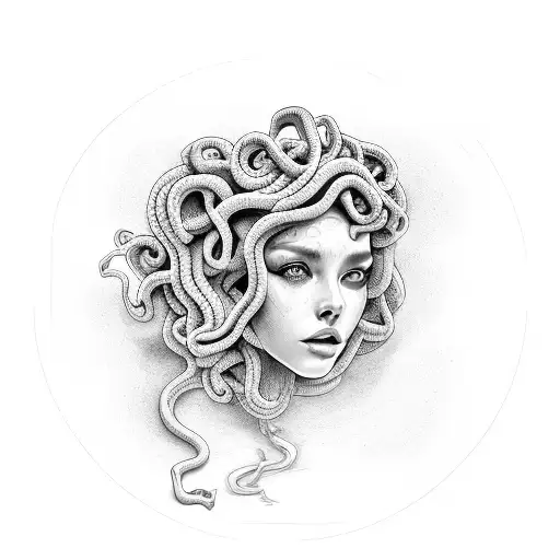young woman as medusa, snakes going straight out of her head, portrait, isometric view, visible hand tattoo design idea