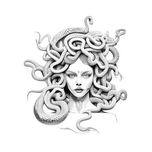 young, beautiful woman as medusa, snakes going straight out of her head, snakes integrated with her head, isometric view tattoo design idea