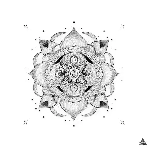 A blackwork tattoo of a tribal-inspired sisterhood symbol incorporating elements of lotus and fungus tattoo design idea